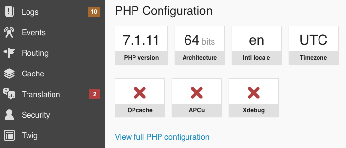 Link to the phpinfo page in the Symfony profiler configuration panel